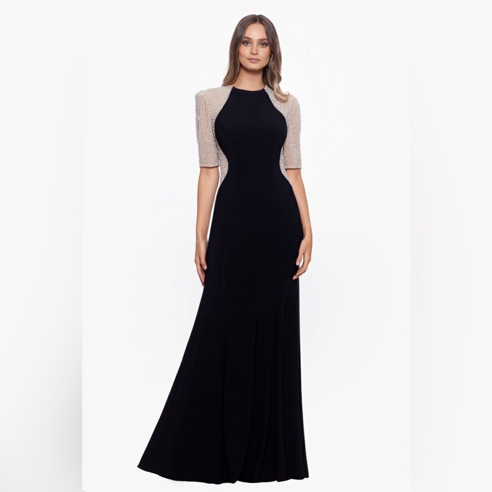 Xscape Black Gown with Beaded Champagne Sleeves